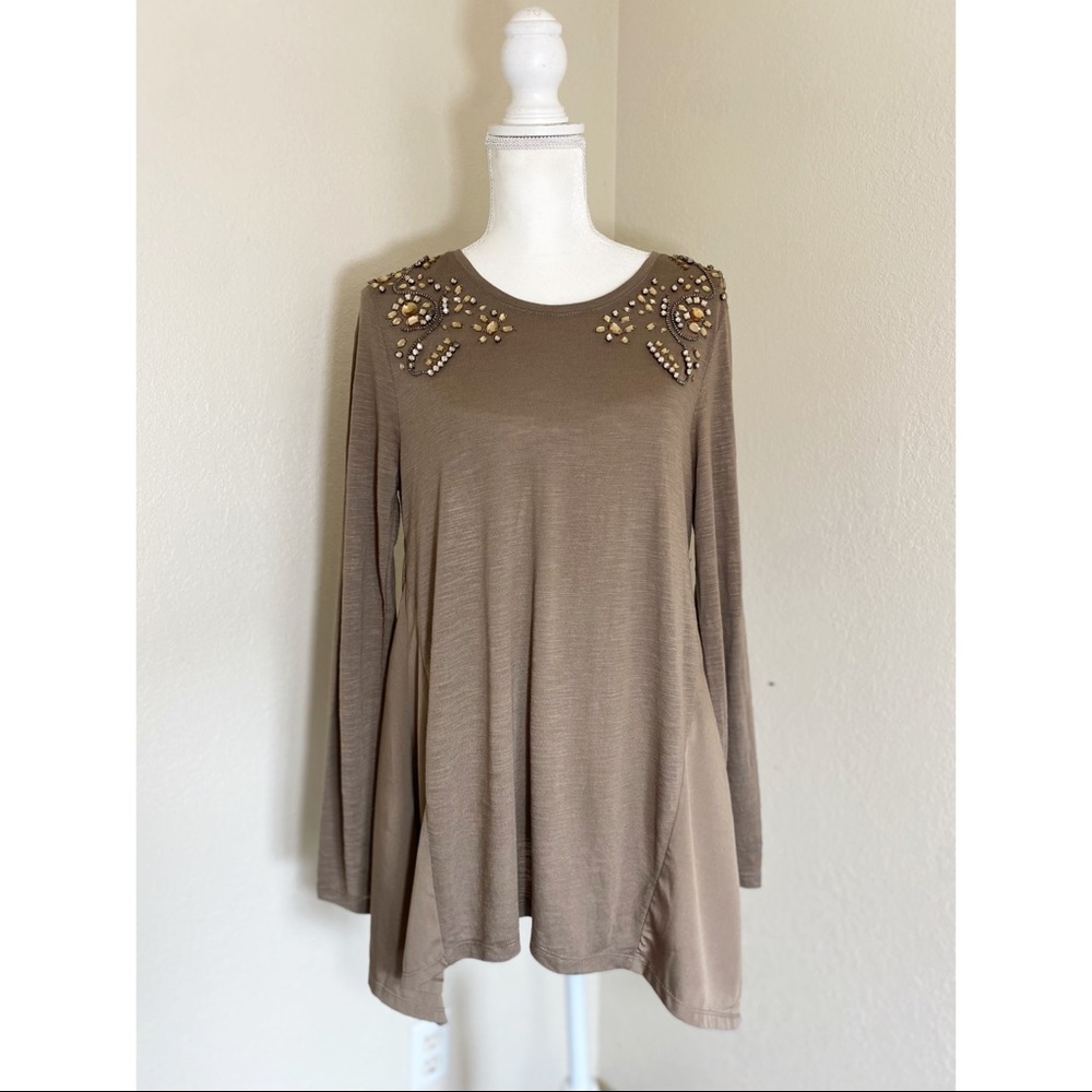 3/15 Style&Co Bejeweled Brown Long Sleeve Blouse